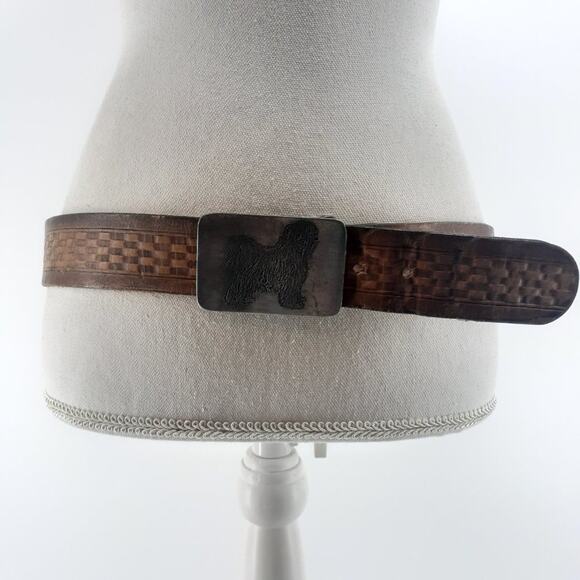 Men's Tooled Brown Leather Belt Basket Weave Shaggy Dog Buckle Old English Sheep - Picture 8 of 13